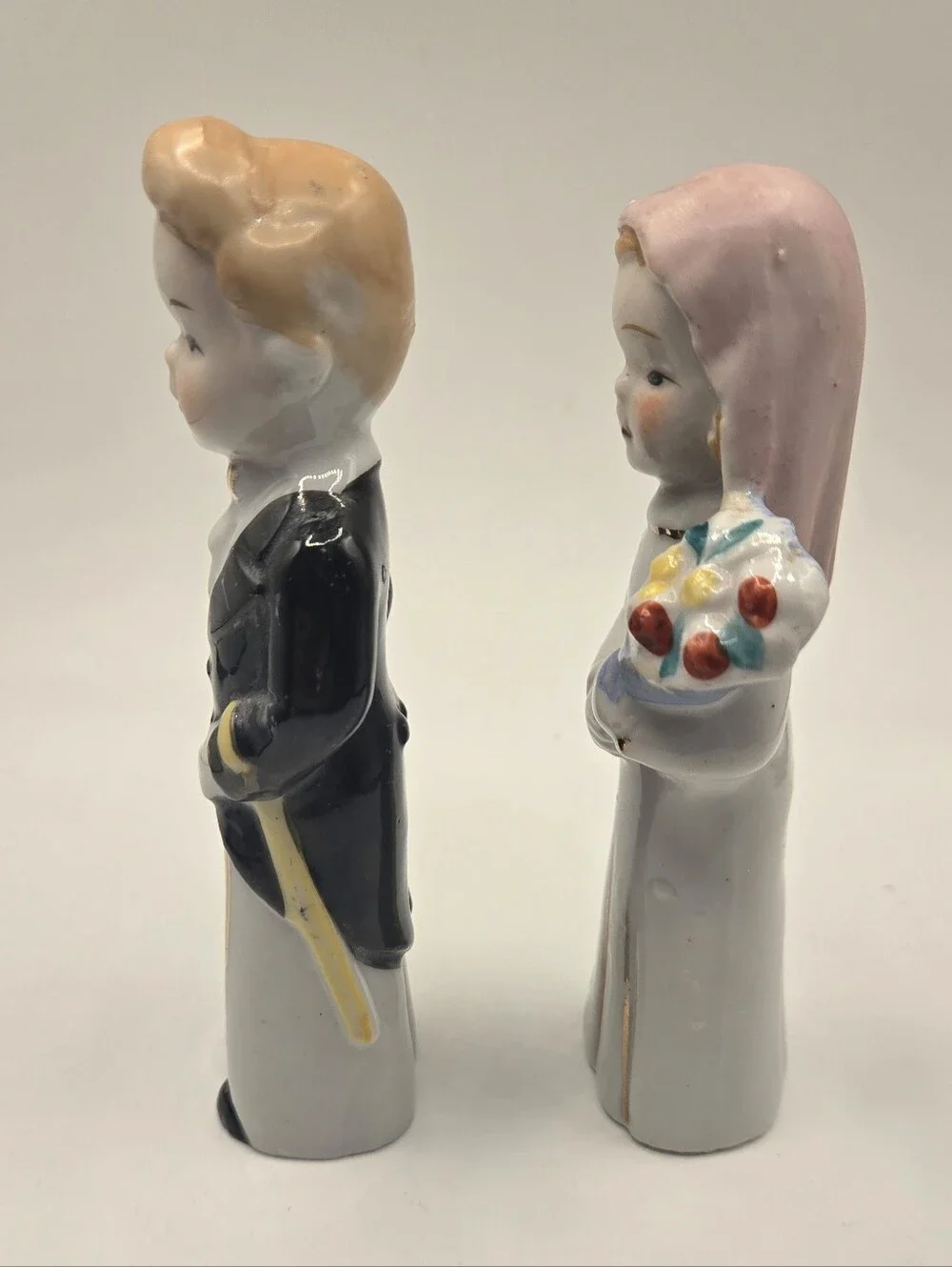 Vintage Porcelain Pair Wedding Cake Topper  Bride Groom Gold Accents 1950s Japan